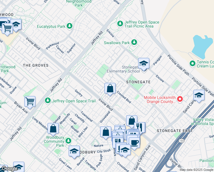 map of restaurants, bars, coffee shops, grocery stores, and more near 166 Overbrook in Irvine