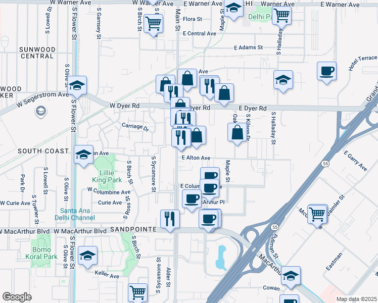 map of restaurants, bars, coffee shops, grocery stores, and more near 130 East Alton Avenue in Santa Ana