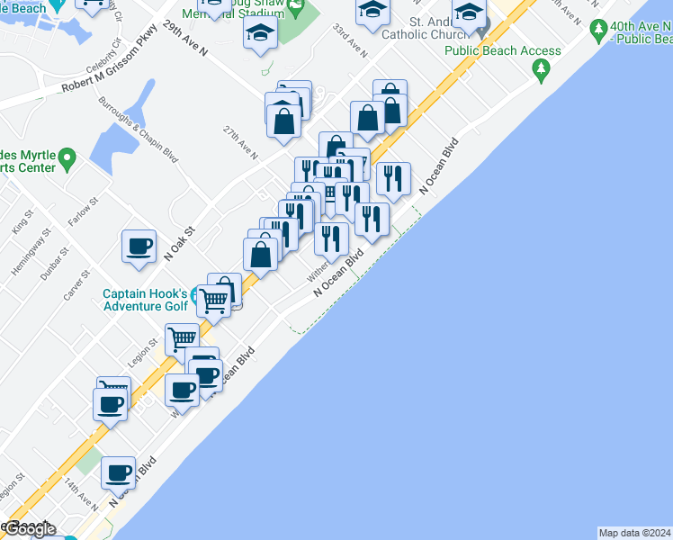 map of restaurants, bars, coffee shops, grocery stores, and more near 2605 North Ocean Boulevard in Myrtle Beach