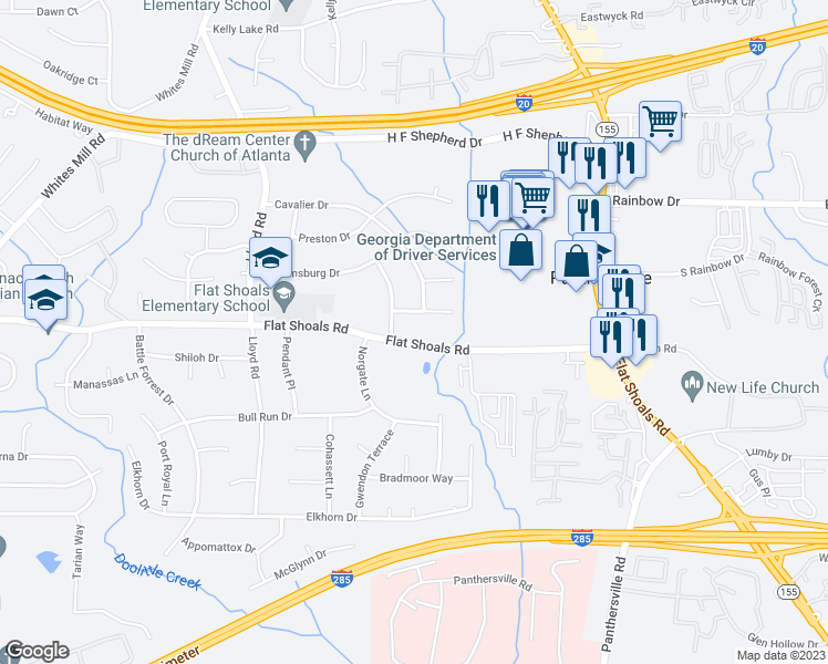 map of restaurants, bars, coffee shops, grocery stores, and more near 3330 Flat Shoals Road in Decatur