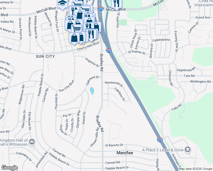 map of restaurants, bars, coffee shops, grocery stores, and more near 27065 Capilano Drive in Menifee