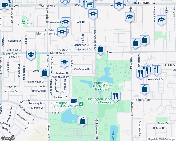 map of restaurants, bars, coffee shops, grocery stores, and more near 6892 Rio Vista Drive in Huntington Beach
