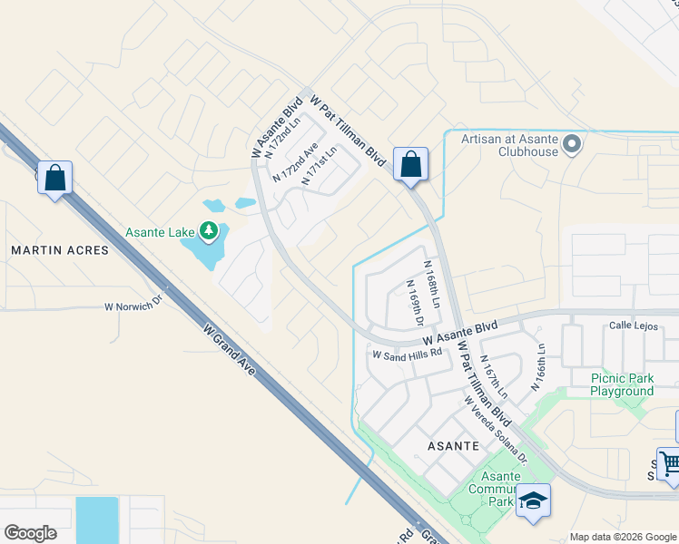 map of restaurants, bars, coffee shops, grocery stores, and more near 24322 North 170th Avenue in Surprise