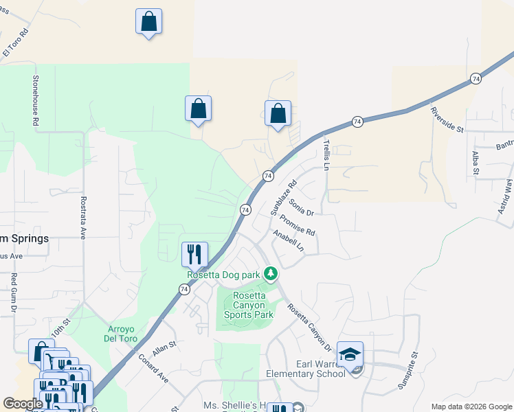 map of restaurants, bars, coffee shops, grocery stores, and more near 45006 Blue Moon Street in Lake Elsinore