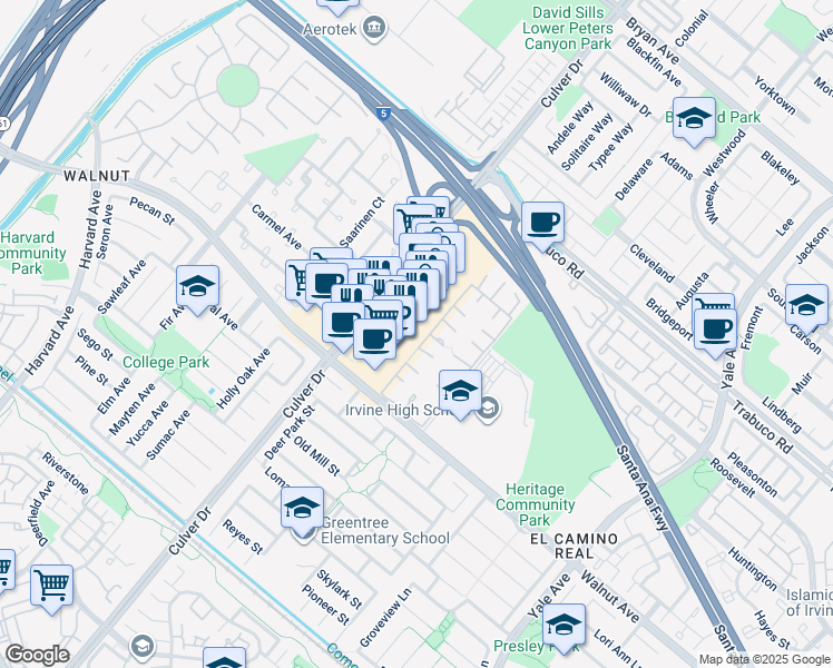 map of restaurants, bars, coffee shops, grocery stores, and more near 2 Swallowtail in Irvine
