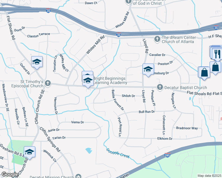 map of restaurants, bars, coffee shops, grocery stores, and more near 2454 Shiloh Drive in Decatur