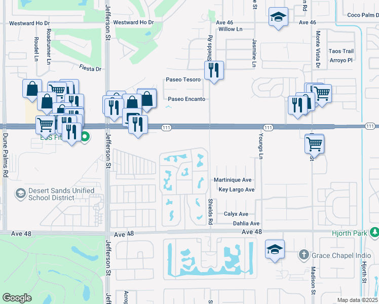 map of restaurants, bars, coffee shops, grocery stores, and more near in Indio