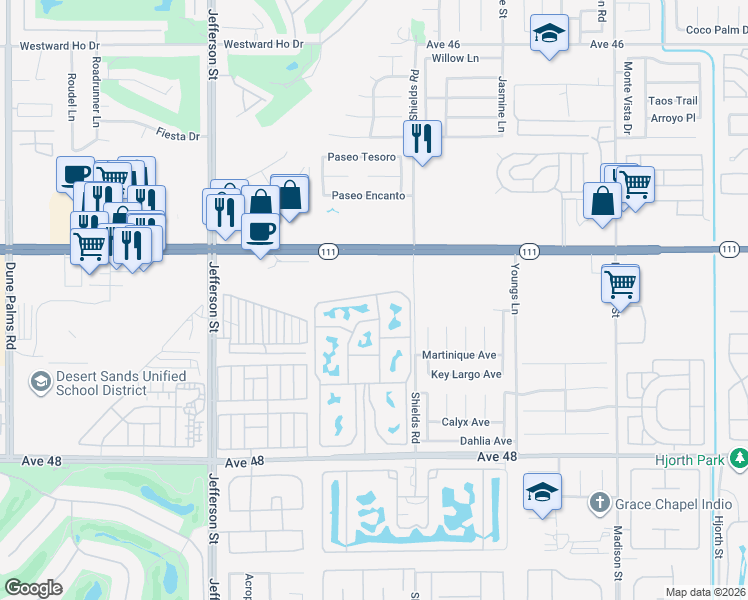map of restaurants, bars, coffee shops, grocery stores, and more near Birdie Lane in Indio