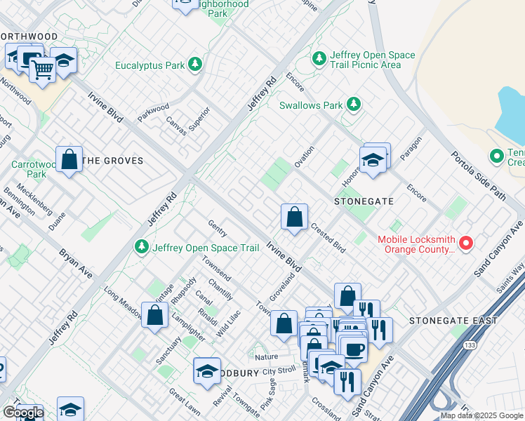 map of restaurants, bars, coffee shops, grocery stores, and more near 109 Overbrook in Irvine