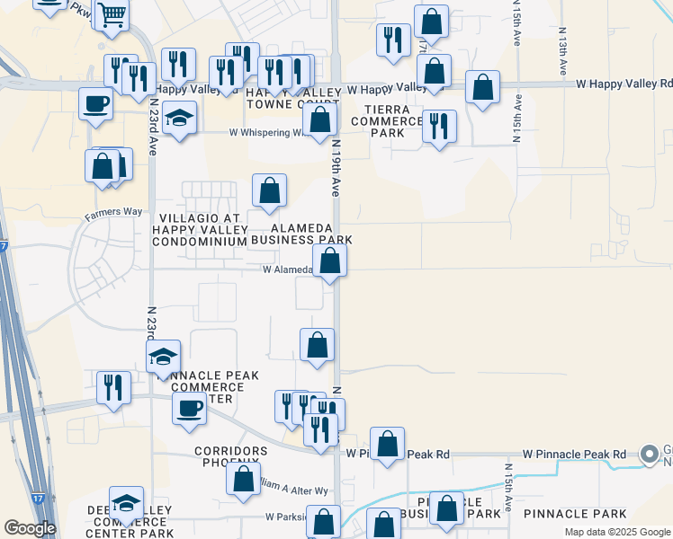 map of restaurants, bars, coffee shops, grocery stores, and more near 1899 West Alameda Road in Phoenix