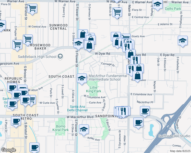 map of restaurants, bars, coffee shops, grocery stores, and more near 471 West Alton Avenue in Santa Ana