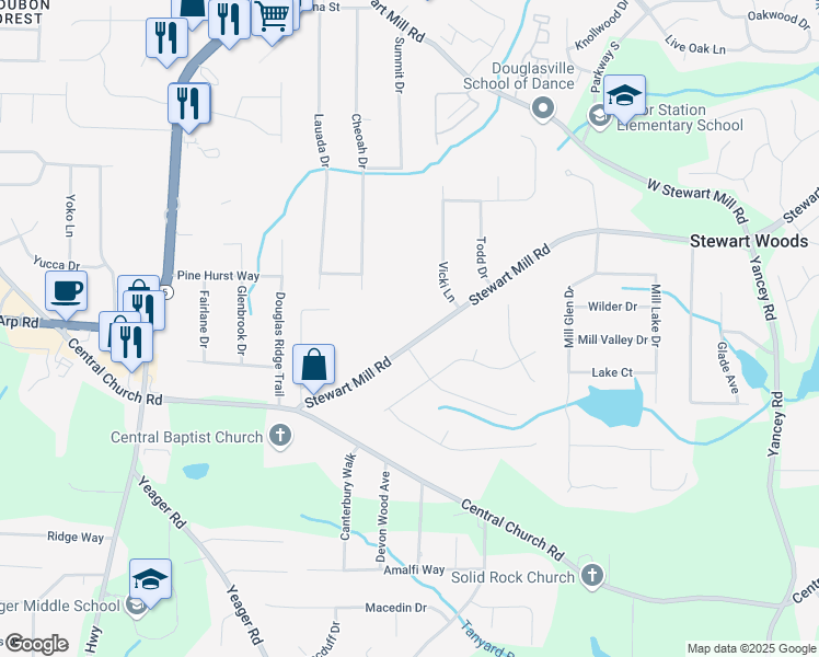 map of restaurants, bars, coffee shops, grocery stores, and more near 5664 Stewart Mill Road in Douglasville