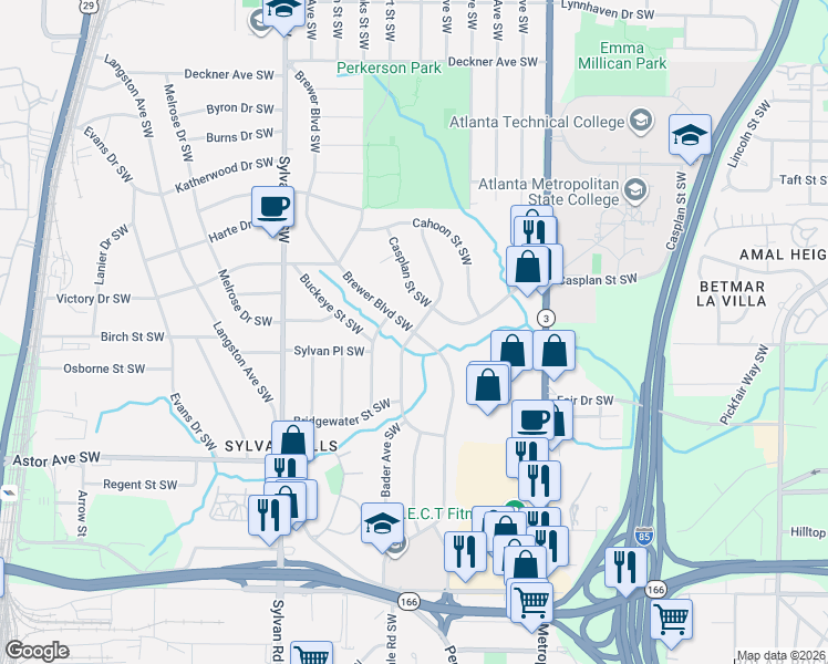 map of restaurants, bars, coffee shops, grocery stores, and more near 1793 Lisbon Drive Southwest in Atlanta