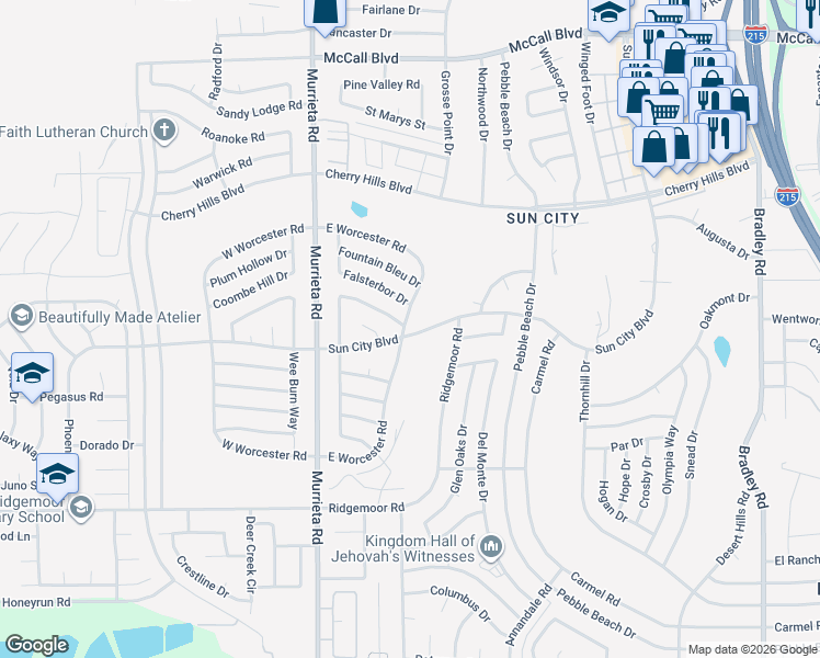 map of restaurants, bars, coffee shops, grocery stores, and more near 28620 East Worcester Road in Menifee