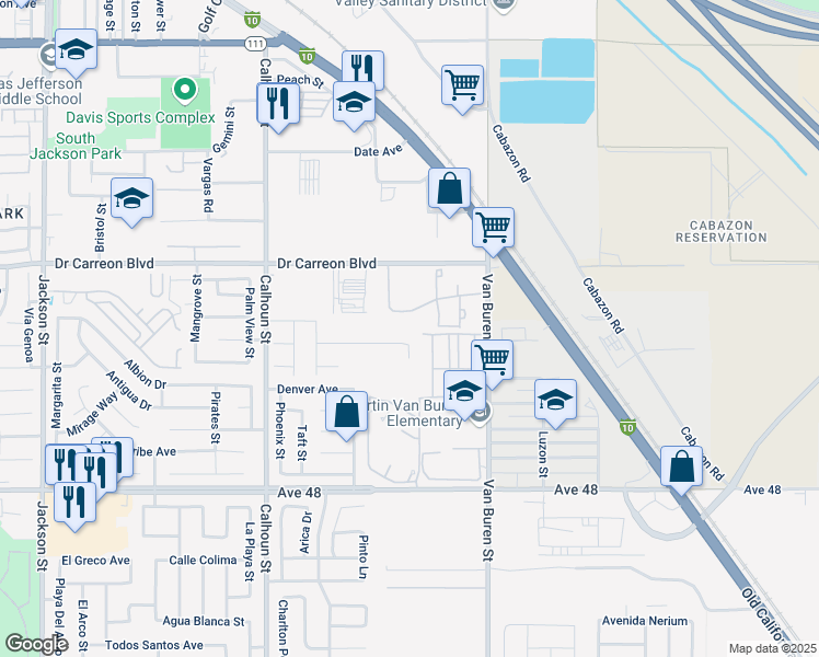 map of restaurants, bars, coffee shops, grocery stores, and more near 47226 Bobolink Street in Indio