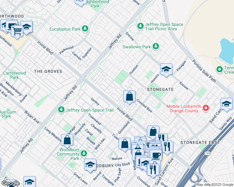 map of restaurants, bars, coffee shops, grocery stores, and more near 100 Overbrook in Irvine