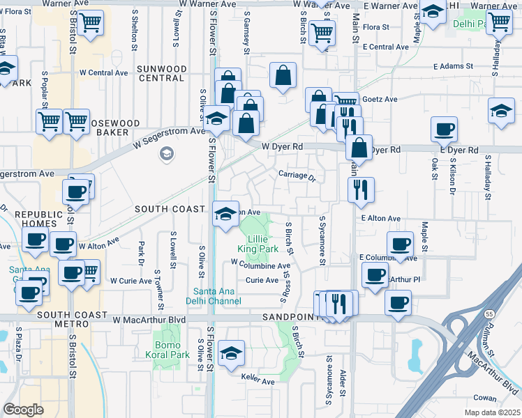 map of restaurants, bars, coffee shops, grocery stores, and more near 501 West Alton Avenue in Santa Ana