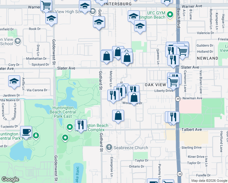 map of restaurants, bars, coffee shops, grocery stores, and more near 17722 Metzler Lane in Huntington Beach