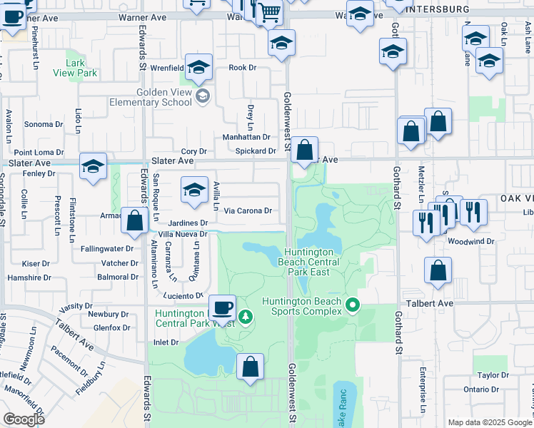 map of restaurants, bars, coffee shops, grocery stores, and more near 6892 Rio Vista Drive in Huntington Beach