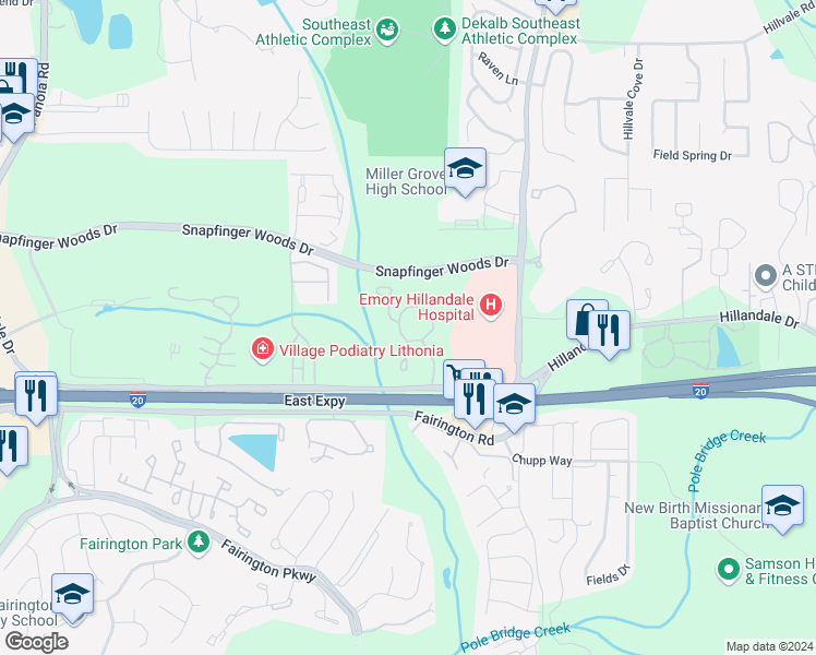 map of restaurants, bars, coffee shops, grocery stores, and more near 5850 Hillandale Drive in Lithonia