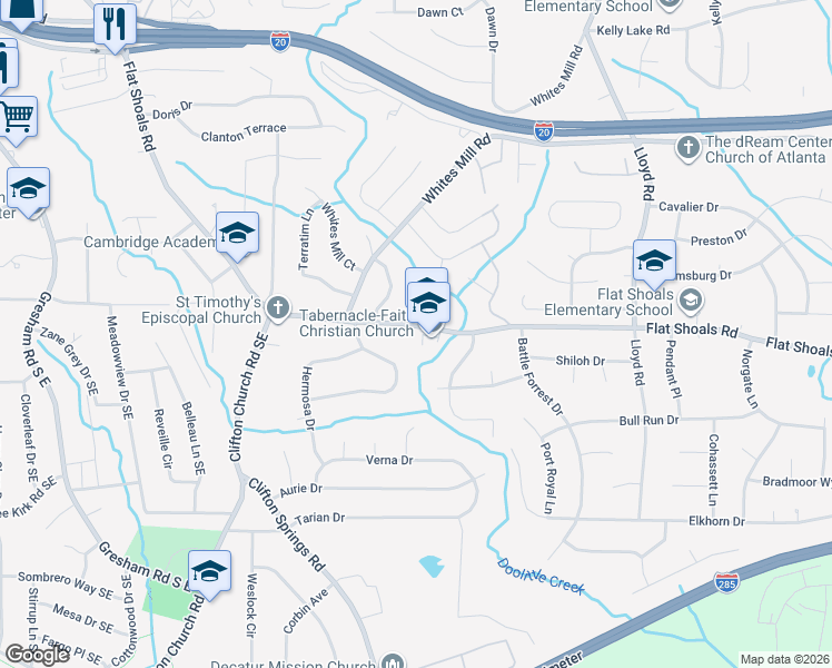 map of restaurants, bars, coffee shops, grocery stores, and more near 2834 Alameda Trail in Decatur