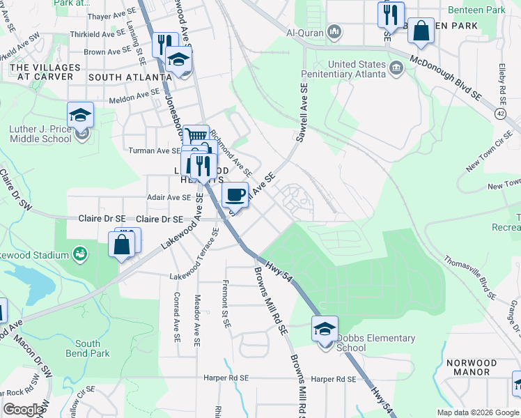 map of restaurants, bars, coffee shops, grocery stores, and more near 373 South Bend Avenue Southeast in Atlanta