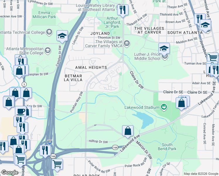 map of restaurants, bars, coffee shops, grocery stores, and more near 2002 Lakewood Way Southwest in Atlanta