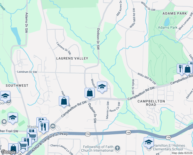 map of restaurants, bars, coffee shops, grocery stores, and more near 1842 Windsor Drive Southwest in Atlanta