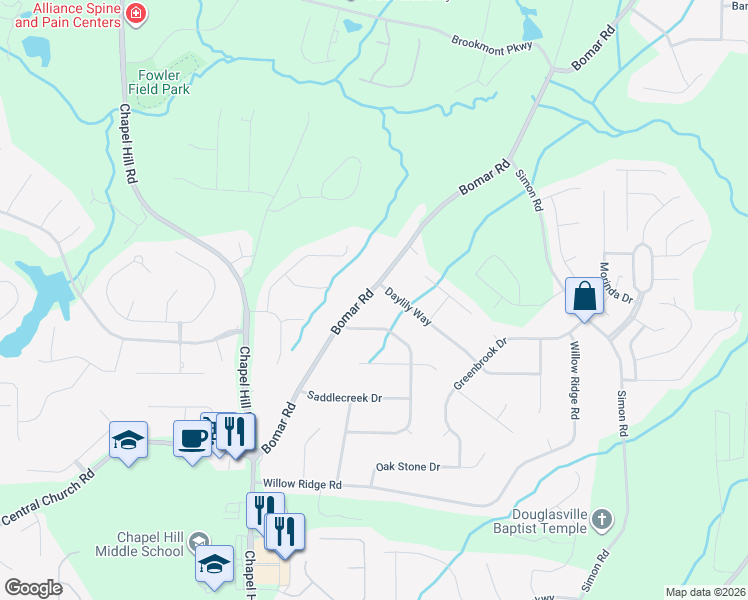 map of restaurants, bars, coffee shops, grocery stores, and more near 3890 Appaloosa Trail in Douglasville