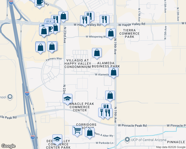 map of restaurants, bars, coffee shops, grocery stores, and more near 2063 West Alameda Road in Phoenix