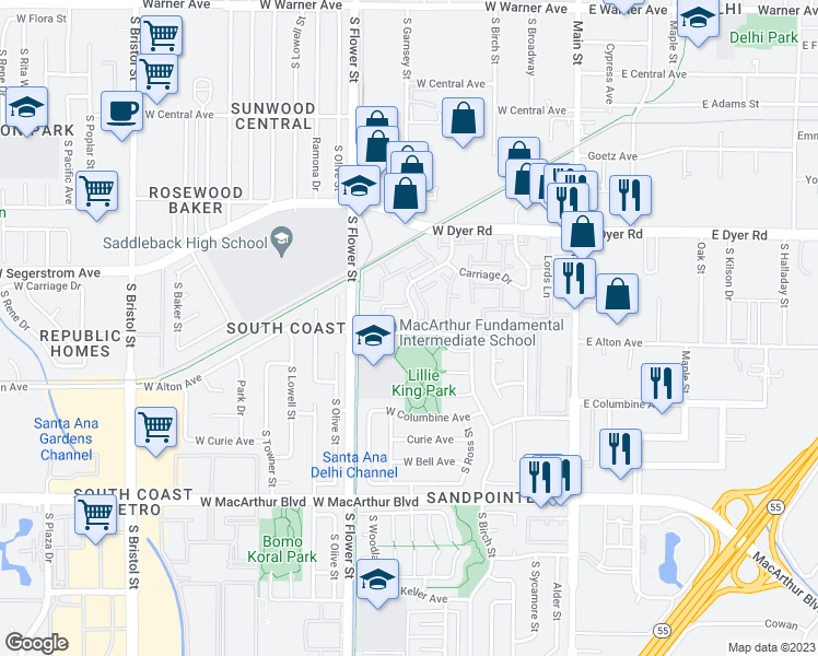 map of restaurants, bars, coffee shops, grocery stores, and more near 501 West Alton Avenue in Santa Ana