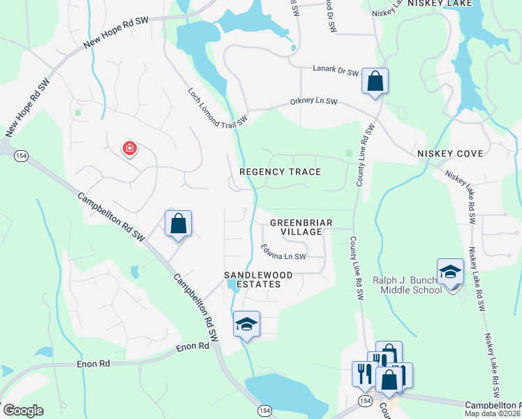 map of restaurants, bars, coffee shops, grocery stores, and more near 2411 Sandfall Court Southwest in Atlanta