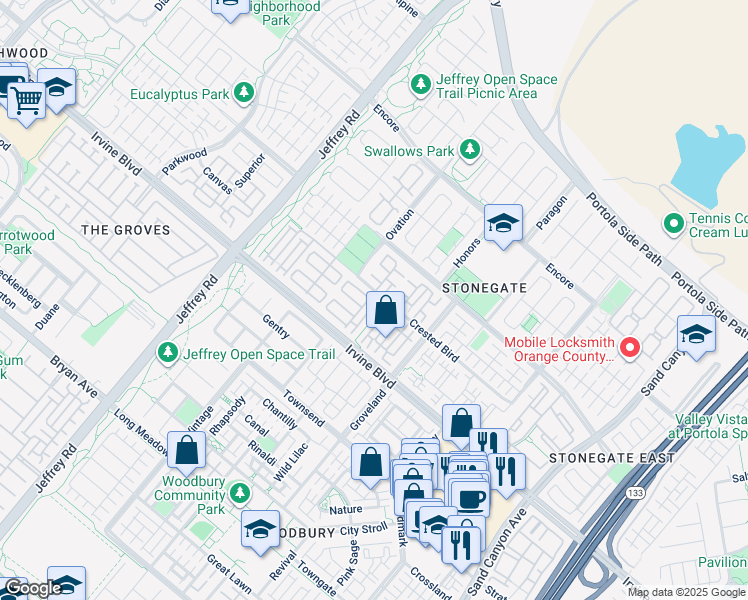 map of restaurants, bars, coffee shops, grocery stores, and more near 166 Overbrook in Irvine