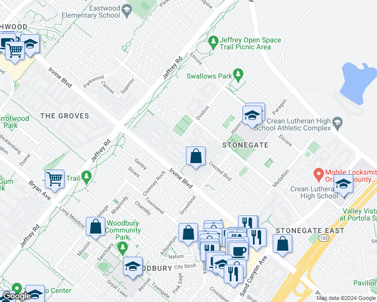 map of restaurants, bars, coffee shops, grocery stores, and more near 162 Overbrook in Irvine