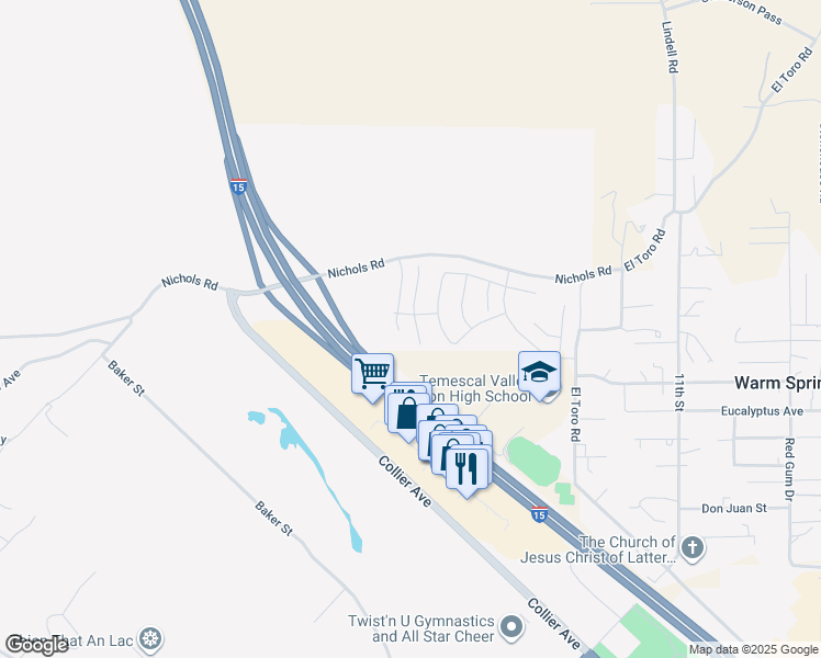 map of restaurants, bars, coffee shops, grocery stores, and more near 19553 Hanging Rock Road in Lake Elsinore