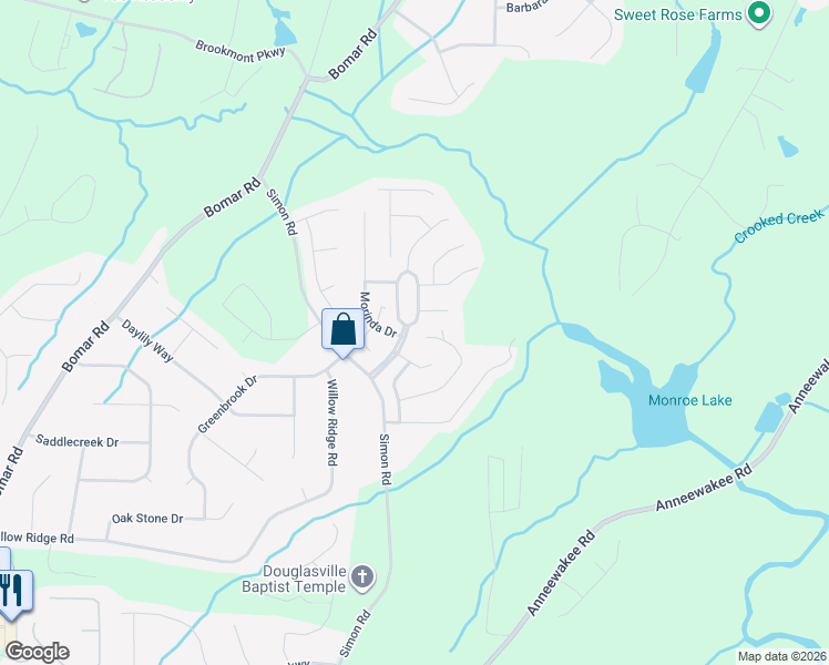 map of restaurants, bars, coffee shops, grocery stores, and more near 3651 Monticello St in Douglasville