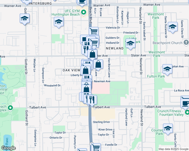 map of restaurants, bars, coffee shops, grocery stores, and more near 8041 Newman Avenue in Huntington Beach