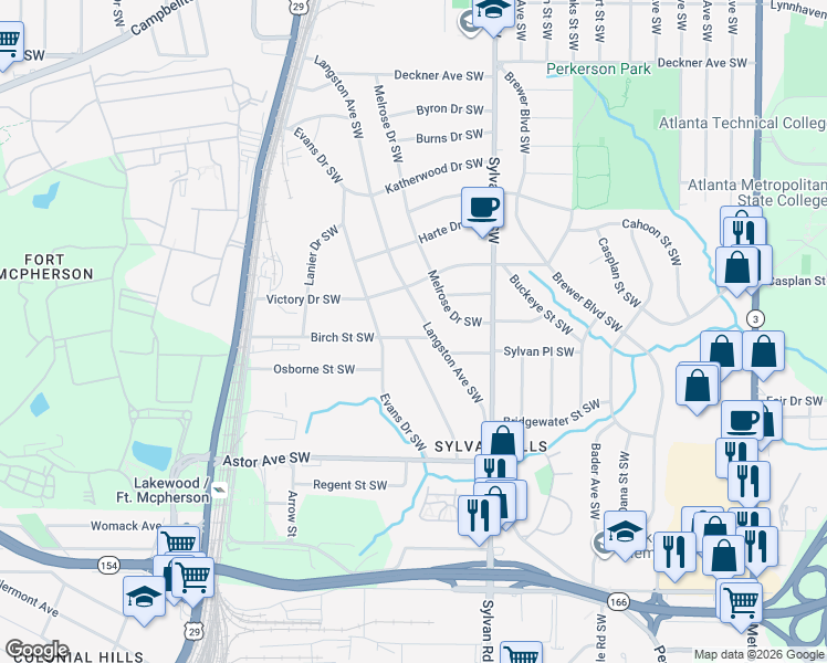 map of restaurants, bars, coffee shops, grocery stores, and more near 1022 Birch Street Southwest in Atlanta