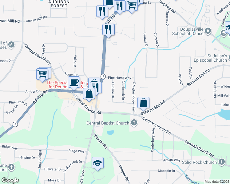 map of restaurants, bars, coffee shops, grocery stores, and more near 3677 Fairlane Drive in Douglasville