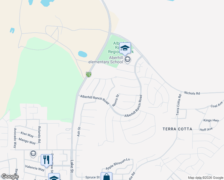 map of restaurants, bars, coffee shops, grocery stores, and more near 4115 Larkspur Street in Lake Elsinore