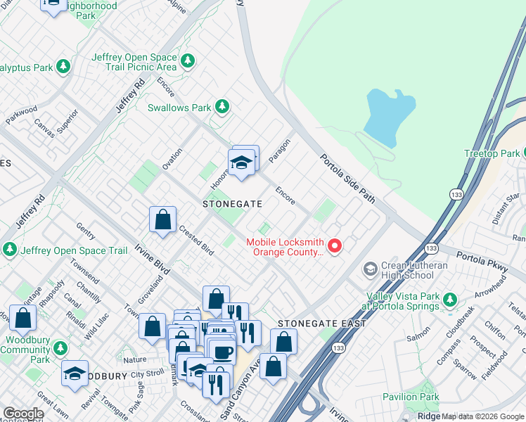 map of restaurants, bars, coffee shops, grocery stores, and more near 74 Nassau in Irvine