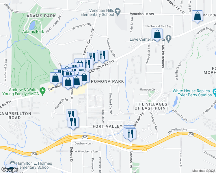 map of restaurants, bars, coffee shops, grocery stores, and more near 1809 Shepherd Circle Southwest in Atlanta