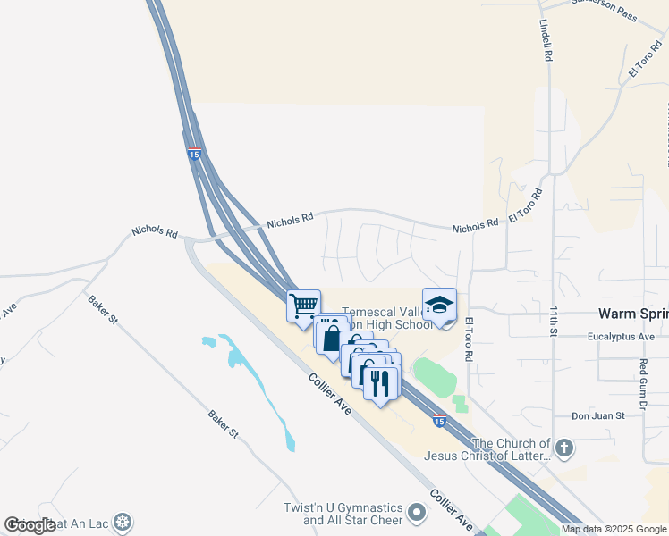 map of restaurants, bars, coffee shops, grocery stores, and more near 19553 Hanging Rock Road in Lake Elsinore