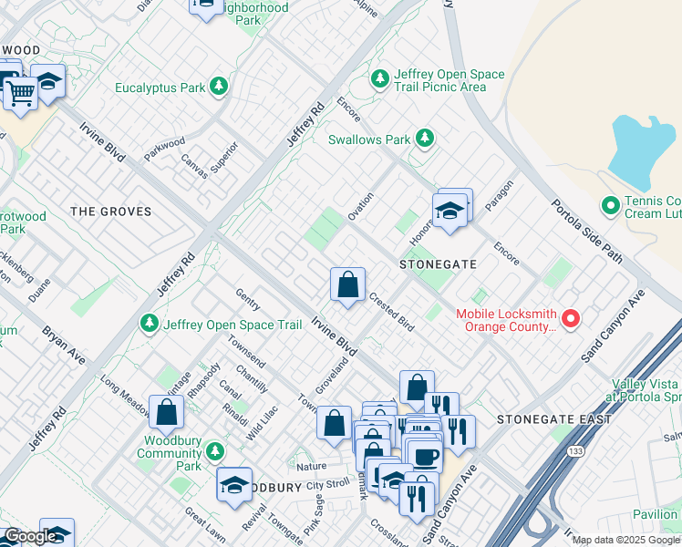 map of restaurants, bars, coffee shops, grocery stores, and more near 100 Overbrook in Irvine