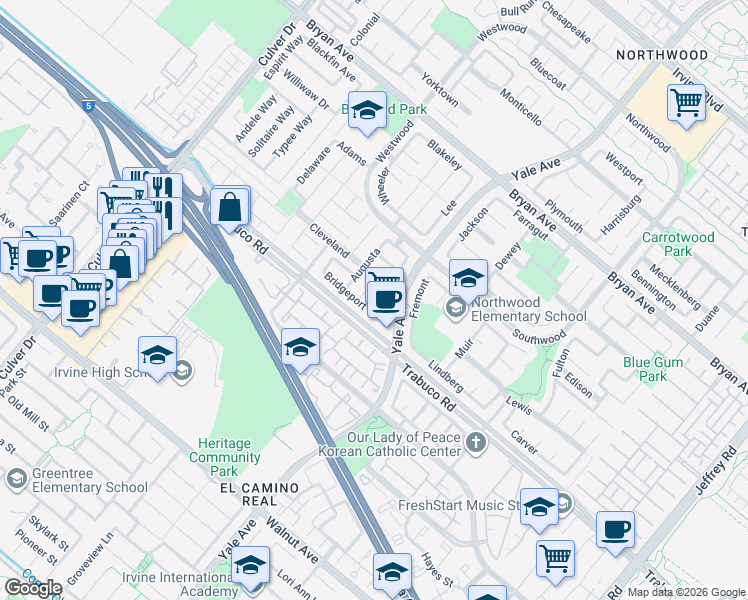 map of restaurants, bars, coffee shops, grocery stores, and more near 86 Bridgeport in Irvine