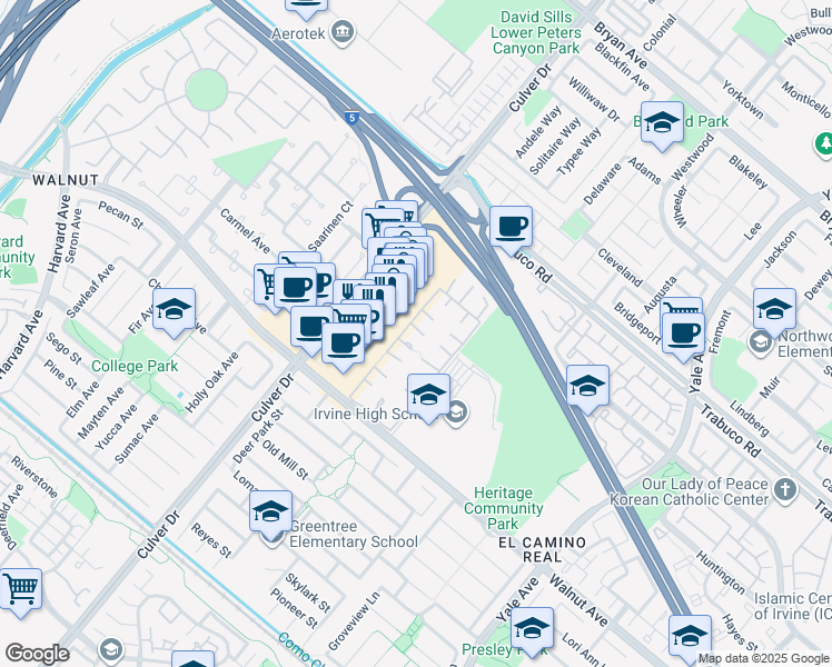 map of restaurants, bars, coffee shops, grocery stores, and more near 13 Elfin in Irvine