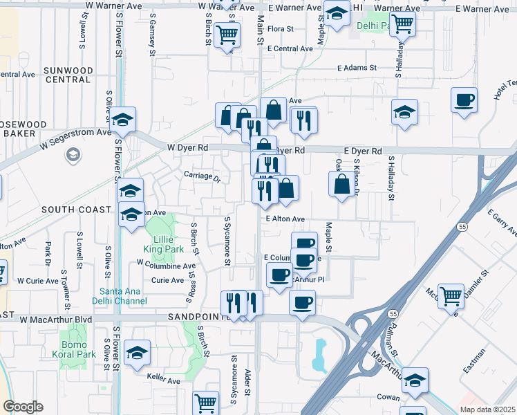map of restaurants, bars, coffee shops, grocery stores, and more near 3126 South Main Street in Santa Ana