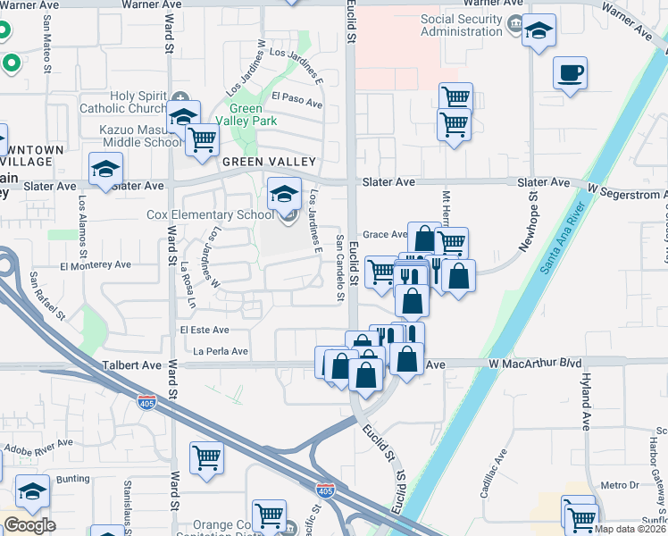 map of restaurants, bars, coffee shops, grocery stores, and more near 17780 San Candelo Street in Fountain Valley