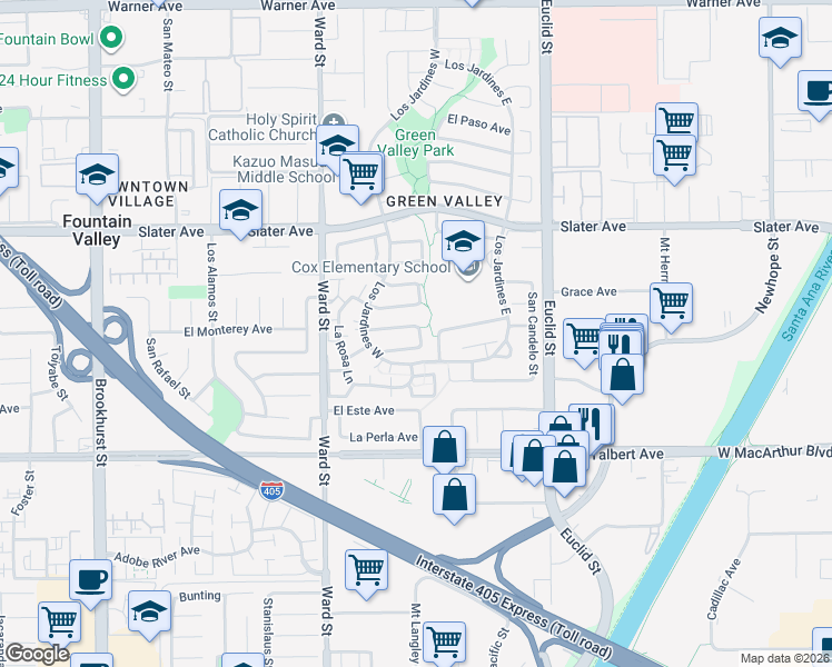 map of restaurants, bars, coffee shops, grocery stores, and more near 10692 Los Arcos Street in Fountain Valley