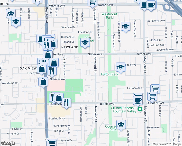 map of restaurants, bars, coffee shops, grocery stores, and more near 8472 El Arroyo Drive in Huntington Beach